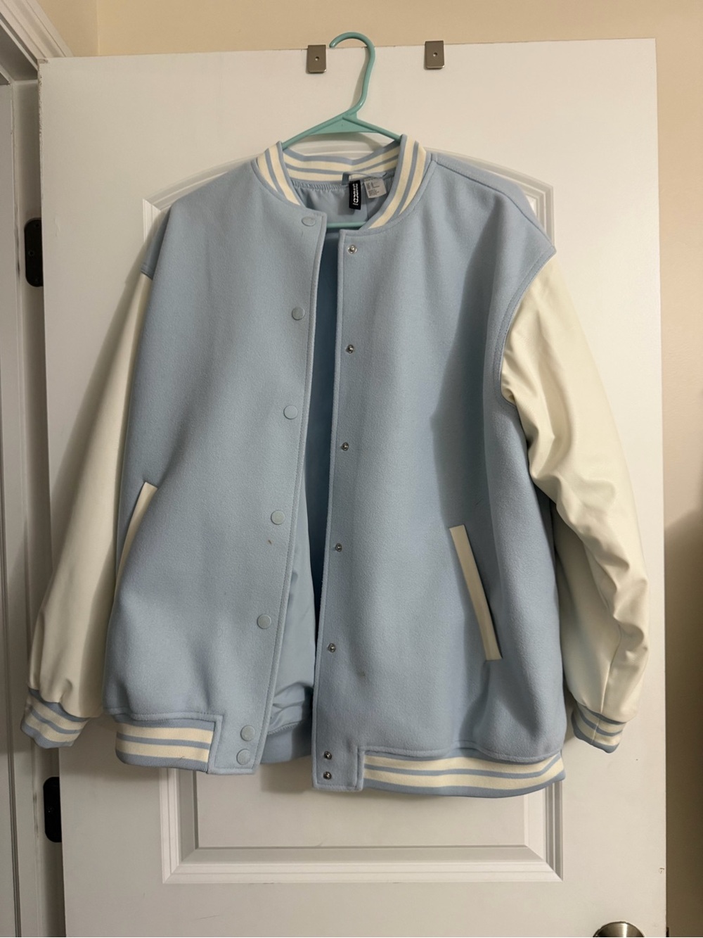 H&M Light Blue and Cream Varsity Jacket